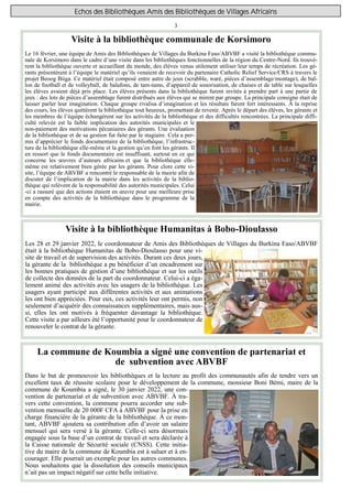3
Echos des Bibliothèques Amis des Bibliothèques de Villages Africains
Visite à la bibliothèque communale de Korsimoro
Le ...
