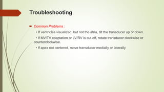 Troubleshooting
 Common Problems :
• If ventricles visualized, but not the atria, tilt the transducer up or down.
• If MV/TV coaptation or LV/RV is cut-off, rotate transducer clockwise or
counterclockwise.
• If apex not centered, move transducer medially or laterally.
 