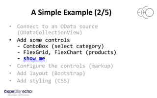 A Simple Example (2/5)
• Connect to an OData source
(ODataCollectionView)
• Add some controls
- ComboBox (select category)
- FlexGrid, FlexChart (products)
- show me
• Configure the controls (markup)
• Add layout (Bootstrap)
• Add styling (CSS)
 