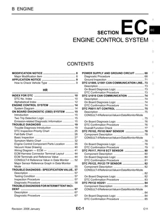 EC-1
ENGINE CONTROL SYSTEM
B ENGINE
CONTENTS
C
D
E
F
G
H
I
J
K
L
M
SECTION EC
A
EC
Revision: 2006 January C11
ENGINE CONTROL SYSTEM
MODIFICATION NOTICE .......................................
..... 8
Major Modification Item .......................................
..... 8
APPLICATION NOTICE .........................................
..... 9
How to Check Vehicle Type ................................
..... 9
HR
INDEX FOR DTC ...................................................
... 10
DTC No. Index ....................................................
... 10
Alphabetical Index ...............................................
... 12
ENGINE CONTROL SYSTEM ...............................
... 14
System Diagram ..................................................
... 14
ON BOARD DIAGNOSTIC (OBD) SYSTEM .........
... 15
Introduction .........................................................
... 15
Two Trip Detection Logic .....................................
... 15
Emission-related Diagnostic Information .............
... 15
TROUBLE DIAGNOSIS .........................................
... 19
Trouble Diagnosis Introduction ............................
... 19
DTC Inspection Priority Chart .............................
... 25
Fail-Safe Chart ....................................................
... 26
Basic Inspection ..................................................
... 27
Symptom Matrix Chart ........................................
... 32
Engine Control Component Parts Location .........
... 35
Vacuum Hose Drawing ........................................
... 40
Wiring Diagram — ECM — .................................
... 41
ECM Harness Connector Terminal Layout ..........
... 44
ECM Terminals and Reference Value .................
... 44
CONSULT-II Reference Value in Data Monitor ...
... 52
Major Sensor Reference Graph in Data Monitor
Mode ...................................................................
... 55
TROUBLE DIAGNOSIS - SPECIFICATION VALUE
... 57
Description ..........................................................
... 57
Testing Condition .................................................
... 57
Inspection Procedure ..........................................
... 57
Diagnostic Procedure ..........................................
... 58
TROUBLEDIAGNOSISFORINTERMITTENTINCI-
DENT .....................................................................
... 67
Description ..........................................................
... 67
Diagnostic Procedure ..........................................
... 67
POWER SUPPLY AND GROUND CIRCUIT ..........
... 68
Diagnostic Procedure ..........................................
... 68
Ground Inspection ...............................................
... 71
DTC U1000, U1001 CAN COMMUNICATION LINE... 73
Description ...........................................................
... 73
On Board Diagnosis Logic ...................................
... 73
DTC Confirmation Procedure ..............................
... 73
DTC U1010 CAN COMMUNICATION ....................
... 74
Description ...........................................................
... 74
On Board Diagnosis Logic ...................................
... 74
DTC Confirmation Procedure ..............................
... 74
DTC P0011 IVT CONTROL ....................................
... 75
Description ...........................................................
... 75
CONSULT-IIReferenceValueinDataMonitorMode
... 75
On Board Diagnosis Logic ...................................
... 76
DTC Confirmation Procedure ..............................
... 76
Overall Function Check .......................................
... 77
DTC P0102, P0103 MAF SENSOR .......................
... 78
Component Description .......................................
... 78
CONSULT-IIReferenceValueinDataMonitorMode
... 78
On Board Diagnosis Logic ...................................
... 78
DTC Confirmation Procedure ..............................
... 79
DTC P0117, P0118 ECT SENSOR ........................
... 80
Component Description .......................................
... 80
On Board Diagnosis Logic ...................................
... 80
DTC Confirmation Procedure ..............................
... 81
DTC P0122, P0123 TP SENSOR ...........................
... 82
Component Description .......................................
... 82
CONSULT-IIReferenceValueinDataMonitorMode
... 82
On Board Diagnosis Logic ...................................
... 82
DTC Confirmation Procedure ..............................
... 83
DTC P0132 HO2S1 ................................................
... 84
Component Description .......................................
... 84
CONSULT-IIReferenceValueinDataMonitorMode
... 84
On Board Diagnosis Logic ...................................
... 84
DTC Confirmation Procedure ..............................
... 85
 