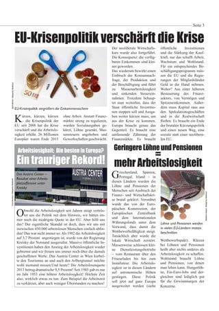 Seite 3
EU-Krisenpolitik verschärft die Krise
Kürzen, kürzen, kürzen
– die Krisenpolitik der
EU seit 2008 hat die Krise
verschärft und die Arbeitslo-
sigkeit erhöht. 26 Millionen
Europäer waren Ende 2013
ohne Arbeit. Anstatt Finanz-
märkte streng zu regulieren,
wurden Sozialausgaben ge-
kürzt, Löhne gesenkt, Mas-
sensteuern angehoben und
Gewerkschaften geschwächt.
Obwohl die Arbeitslosigkeit seit Jahren steigt vertrös-
tet uns die Politik mit dem Hinweis, wir hätten im-
mer noch die niedrigste Quote in der EU. Aber hilft uns
das? Der eigentliche Skandal ist doch, dass wir uns mit
inzwischen 450.000 arbeitslosen Menschen einfach ab n-
den! Das war nicht immer so: Als 1982 die Arbeitslosigkeit
auf 3,7 Prozent angestiegen ist, wurde von der Regierung
Kreisky der Notstand ausgerufen. Massive öffentliche In-
vestitionen haben den Anstieg der Arbeitslosigkeit wieder
gebremst und wir freuen uns immer noch über die damals
geschaffenen Werte: Das Austria Center in Wien kurbel-
te den Tourismus an und auch den Arlbergtunnel möchte
wohl niemand missen.Und heute? Die Arbeitslosenquote
2013 betrug dramatische 9,5 Prozent! Seit 1945 gab es nur
im Jahr 1953 eine höhere Arbeitslosigkeit! Höchste Zeit
also, wirklich etwas zu tun: Zum Beispiel die Arbeitszeit
zu verkürzen, aber auch weniger Überstunden zu machen!
Der neoliberale Wirtschafts-
kurs wurde also fortgeführt.
Die Konsequenz: die verfüg-
baren Einkommen sind klei-
ner geworden.
Das wiederum bewirkt einen
Einbruch der Konsumnach-
frage, der Produktion und
der Beschäftigung und führt
zu Massenarbeitslosigkeit
und sinkenden Steuerein-
nahmen. Trotzdem behaup-
tet man weiterhin, dass der
Staat öffentliche Investitio-
nen stoppen soll und Ausga-
ben weiter kürzen muss, um
aus der Krise zu kommen.
Europa braucht genau das
Gegenteil. Es braucht eine
umfassende Zähmung der
Finanzmärkte. Es braucht
WirthWilfried/BildagenturWaldhäuslErnstBernhard/BildagenturWaldhäusl
WaldhäuslRegina/BildagenturWaldhäusl
öffentliche Investitionen
und die Stärkung der Kauf-
kraft, nur das schafft Arbeit,
Wachstum und Wohlstand.
Für ein entsprechendes Be-
schäftigungsprogramm müs-
sen die EU und die Regie-
rungen der Mitgliedsländer
Geld in die Hand nehmen.
Woher? Aus einer höheren
Besteuerung des Finanz-
sektors, von Vermögen und
Spitzeneinkommen. Außer-
dem muss Kapital raus aus
den Spekulationsgeschäften
und in die Realwirtschaft
ießen. Es braucht ein Ende
der brutalen Kürzungspolitik
und einen neuen Weg, eine
soziale statt einer neolibera-
len EU.
Griechenland, Spanien,
Portugal, Irland – in
diesen Ländern wurden die
Löhne und Pensionen der
Menschen seit Ausbruch der
Finanz- und Wirtschaftskri-
se brutal gekürzt. Verordnet
wurde das von der Euro-
päischen Kommission, der
Europäischen Zentralbank
und dem Internationalen
Währungsfonds unter dem
Vorwand, dass damit die
Wettbewerbsfähigkeit steigt.
Tatsächlich aber wurde die
lokale Wirtschaft zerstört.
Massenweise schlossen klei-
ne Dienstleistungsbetriebe
– vom Restaurant über den
Friseurladen bis hin zum
Installateur. Die Arbeitslo-
sigkeit ist in diesen Ländern
auf astronomische Höhen
gestiegen. Diese Politik
soll jetzt auf ganz Europa
ausgeweitet werden (siehe
EU-Krisenpolitik vergrößert die Einkommensschere
Arbeitslosigkeit: Die besten in Europa?
Ein trauriger Rekord!
Das Austria Center –
Resultat einer Arbeits-
platzoffensive unter
Kreisky
GeringereLöhneundPensionen
=
mehrArbeitslosigkeit
Wettbewerbspakt). Kürzen
bei Löhnen und Pensionen
heißt aber nichts anderes als
Arbeitslosigkeit zu schaffen.
Wohlstand braucht Löhne
und Pensionen, von denen
man leben kann. Hungerlöh-
ne, Ein-Euro-Jobs und der-
gleichen sind lediglich gut
für die Gewinnmargen der
Konzerne.
Löhne und Pensionen werden
in vielen EU-Ländern massiv
beschnitten
 