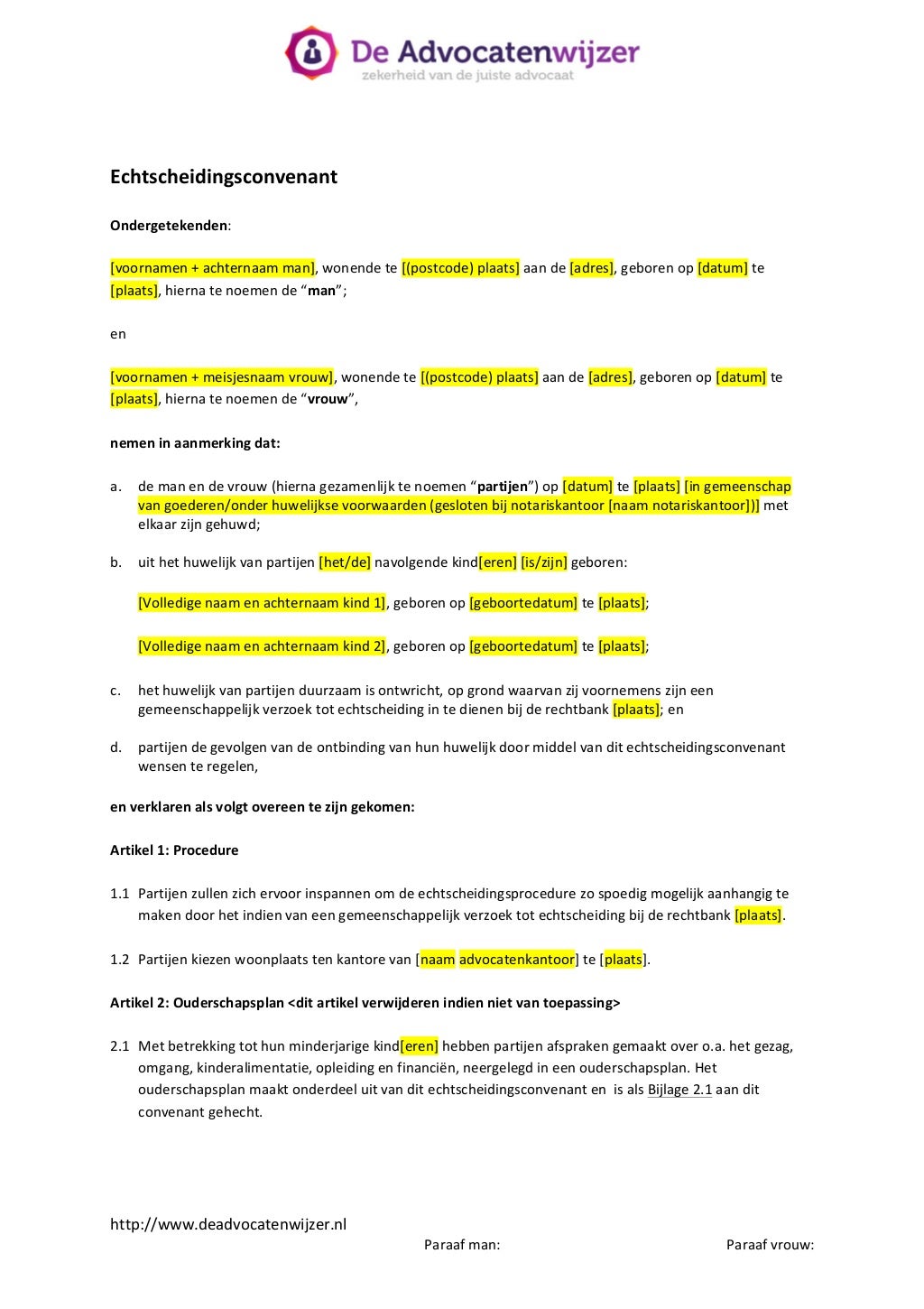 Echtscheidingsconvenant  De Advocatenwijzer