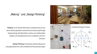 23
“Making” ist ein Teil der DIY-Kultur und betont das Lernen
durch aktives gestalten und konstruieren (learning through
doing/making). Die Aktivitäten reichen von traditionellen
Hobbies und Handwerken bis hin zu Robotics und 3-D-
Drucken.
Design Thinking: Erarbeitung und Erprobung von
Lösungsansätzen für unterschiedlichste Herausforderungen
„Making“ und „Design Thinking“
 