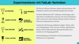 3D-Druck: Mit der Software tinkercad.com können 3D-
Modelle erstellt und anschließend gedruckt werden.
Arduino: Blinkende LED ́s, Roboter, Schaltungen oder
interaktive Installationen können mit einem Steckbrett,
LED ́s, Sensoren, dem Arduino-Board und der Arduino-
Software programmiert werden.
Handcraft: Werkzeug wie Bohrer, Sägen, Tacker, aber
auch Schleifpapier, Holz, Schrott, Farben, Sprühdosen,
Papier, Stifte, Nähmaschine, Bastelmaterialien usw.
werden zur Verfügung gestellt.
Arbeitskleidung und Textilien mit Schneideplotter ,
Siebdruck & Co gestalten.
Experimentieren mit FabLab-Techniken
35
 