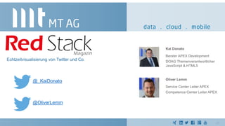 Kai Donato
Berater APEX Development
DOAG Themenverantwortlicher
JavaScript & HTML5
Oliver Lemm
Service Center Leiter APEX
Competence Center Leiter APEX
25
@OliverLemm
@_KaiDonato
Echtzeitvisualisierung von Twitter und Co.
 