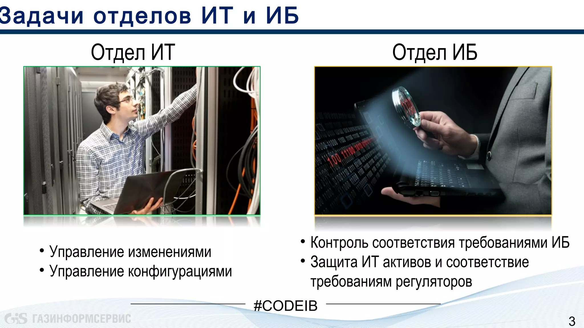 3
Отдел ИТ Отдел ИБ
• Контроль соответствия требованиями ИБ
• Защита ИТ активов и соответствие
требованиям регуляторов
• Управление изменениями
• Управление конфигурациями
Задачи отделов ИТ и ИБ
#CODEIB
 
