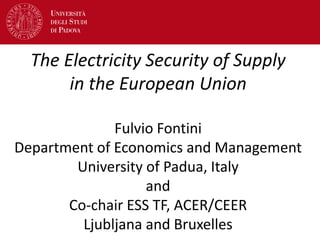 The Electricity Security of Supply
in the European Union
Fulvio Fontini
Department of Economics and Management
University of Padua, Italy
and
Co-chair ESS TF, ACER/CEER
Ljubljana and Bruxelles
 