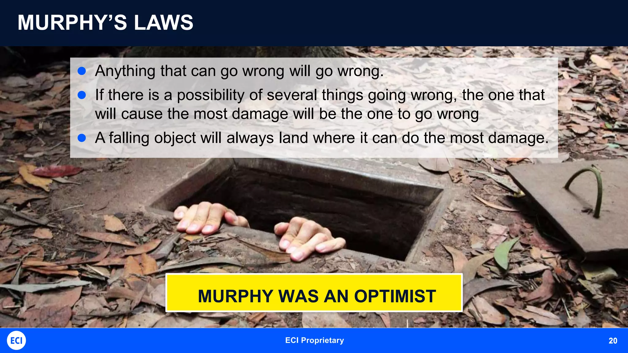 ECI Proprietary 20
MURPHY’S LAWS
 Anything that can go wrong will go wrong.
 If there is a possibility of several things going wrong, the one that
will cause the most damage will be the one to go wrong
 A falling object will always land where it can do the most damage.
MURPHY WAS AN OPTIMIST
20
 