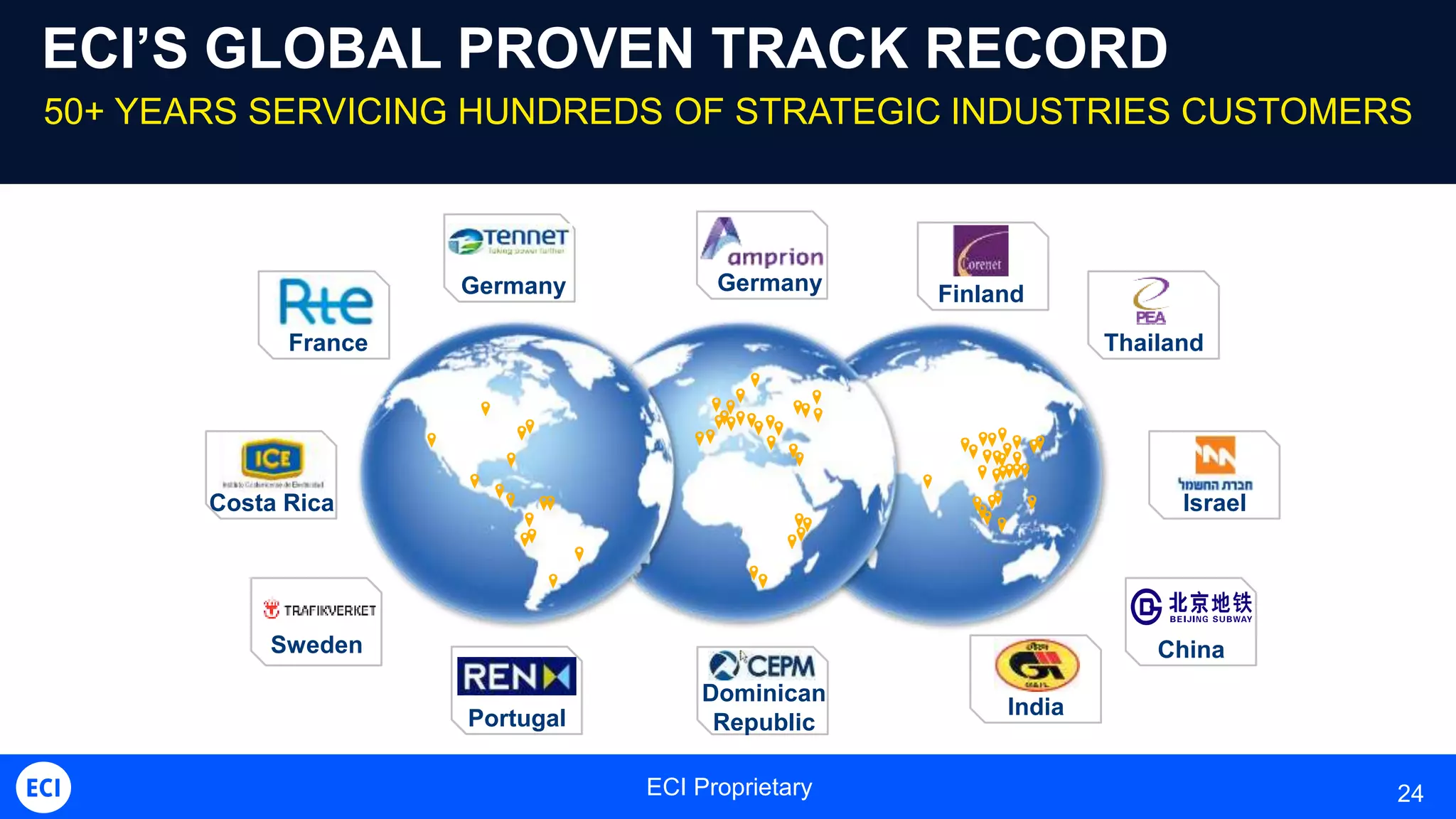 ECI Proprietary 24
HERE COMES THE CLOUDECI’S GLOBAL PROVEN TRACK RECORD
50+ YEARS SERVICING HUNDREDS OF STRATEGIC INDUSTRIES CUSTOMERS
France
Portugal
GermanyGermany
Dominican
Republic
Costa Rica
Finland
China
India
Sweden
Israel
Thailand
 