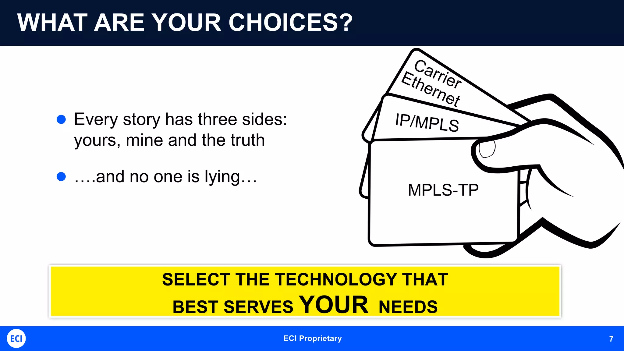 ECI Proprietary 7
WHAT ARE YOUR CHOICES?
 Every story has three sides:
yours, mine and the truth
 ….and no one is lying…
SELECT THE TECHNOLOGY THAT
BEST SERVES YOUR NEEDS
MPLS-TP
7
 