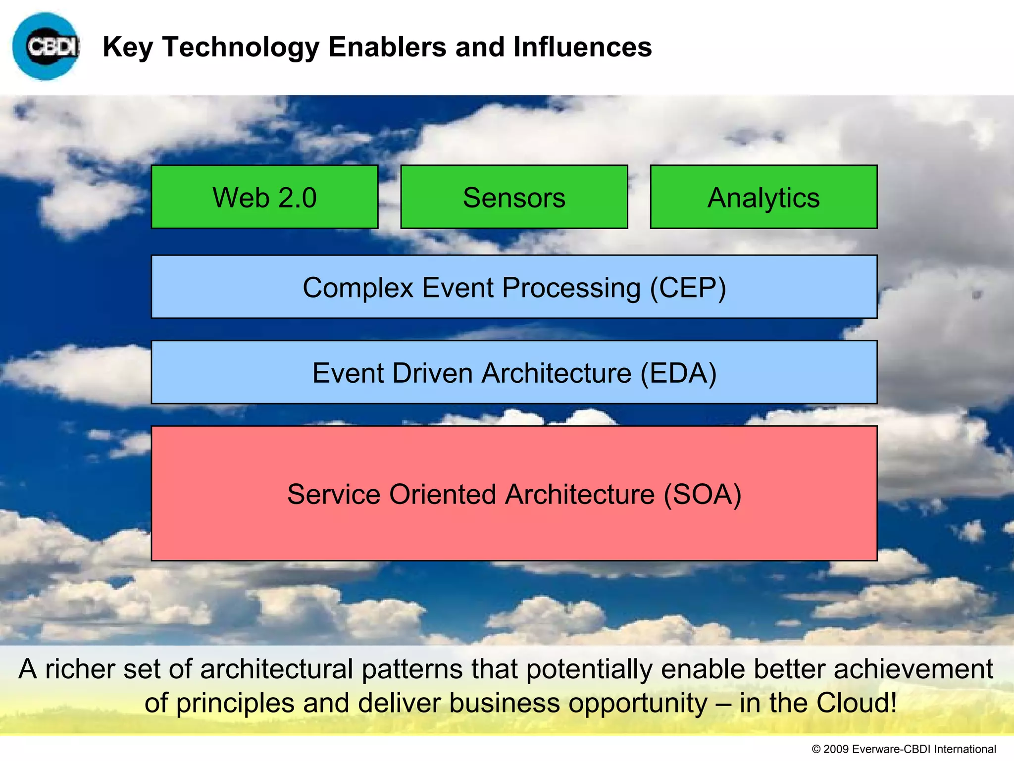 Key Technology Enablers and Influences




                Web 2.0             Sensors              Analytics


                       Complex Event Processing (CEP)


                        Event Driven Architecture (EDA)



                      Service Oriented Architecture (SOA)




A richer set of architectural patterns that potentially enable better achievement
          of principles and deliver business opportunity – in the Cloud!
                                                                 © 2009 Everware-CBDI International
 