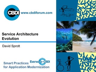 www.cbdiforum.com




Service Architecture
Evolution
David Sprott




Smart Practices
for Application Modernization
 