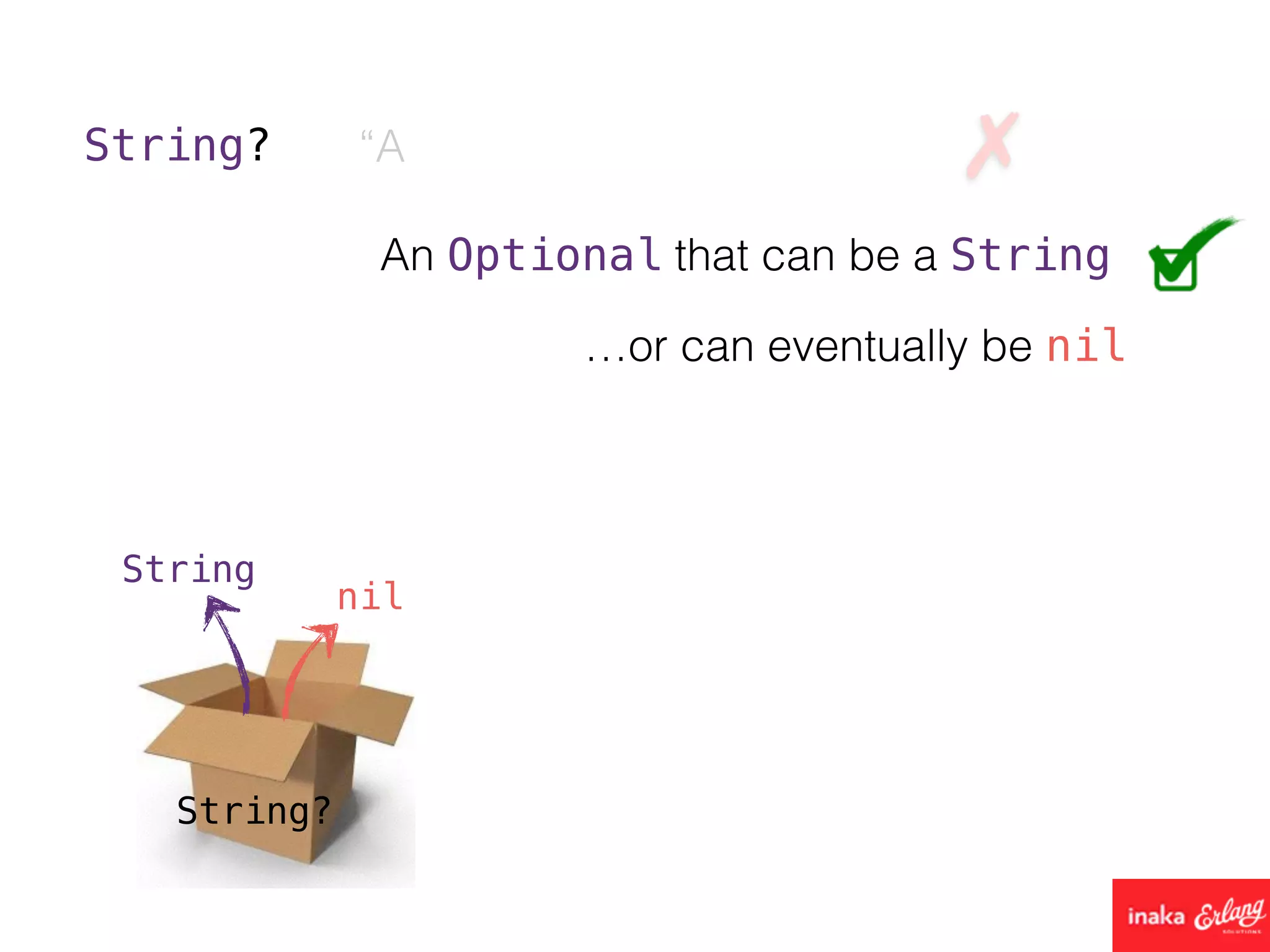 String? “A
An Optional that can be a String
…or can eventually be nil
String?
String
nil
 