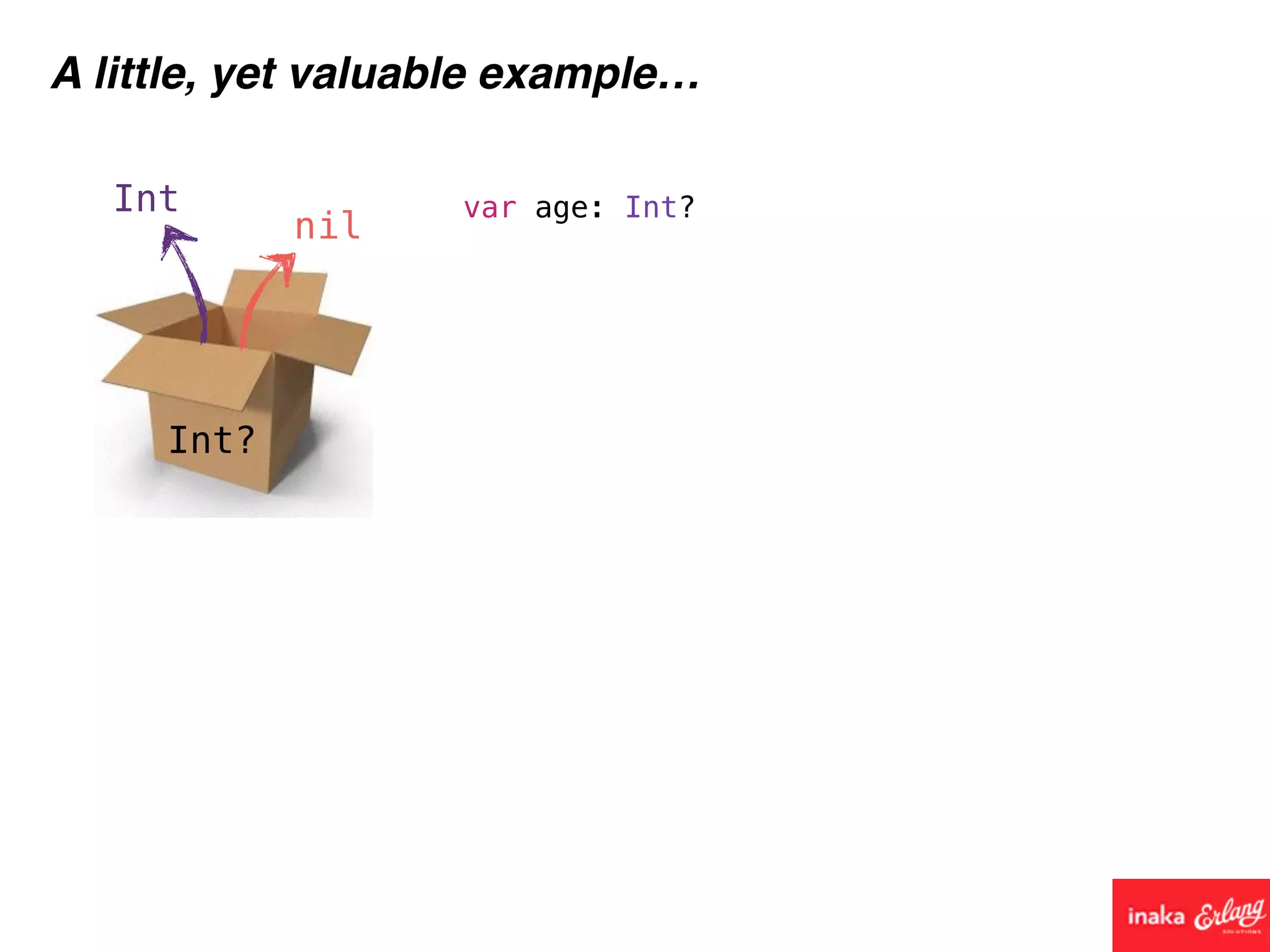 Int?
Int
nil
A little, yet valuable example…
var age: Int?
 