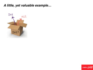 Int?
Int
nil
A little, yet valuable example…
 