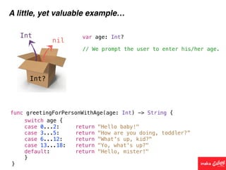 Int?
Int
nil
A little, yet valuable example…
func greetingForPersonWithAge(age: Int) -> String {
// We prompt the user to enter his/her age.
var age: Int?
switch age {
case 0...2: return "Hello baby!"
case 3...5: return "How are you doing, toddler?”
case 6...12: return "What's up, kid?"
case 13...18: return "Yo, what's up?"
default: return "Hello, mister!"
}
}
 