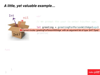 Int?
Int
nil
A little, yet valuable example…
func
// We prompt the user to enter his/her age.
var
let greeting = greetingForPersonWithAge(age)
println(
}
}
 