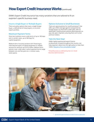 6Export-Import Bank of the United States
HowExportCreditInsuranceWorks(continued)
EXIM’s Export Credit Insurance has many variations that are tailored to fit an
exporter’s specific business need.
Insure a Single Buyer or Multiple Buyers
There are policy options that cover a single foreign
buyer, a defined set of many buyers, or an entire
export portfolio.
Maximum Payment Terms
Short-term policies insure credit terms of up to 180 days
and, in certain cases, up to 360 days for
capital equipment.
Medium-term insurance protects term financing to
international buyers of capital equipment or related
services for amounts up to $10 million. Medium-term
policies cover credit sales in which payment terms range
between one and five years (or, in certain cases,
seven years).
Options Exclusive to Small Businesses
There are special policies for small businesses* that
offer up to 95% coverage against nonpayment by
foreign buyers on short-term credit sales, with no
deductible. Small business policies allow exporters to
pay only upon shipment, assuring there are no lost
premium dollars.
Take the Next Step!
EXIM’s highly experienced export finance
professionals, located throughout the country, can
help exporters determine the right policy to meet their
needs. Request a free consultation today!1
*Small Business as defined by the U.S. Small
Business Administration
1. grow.exim.gov/contact-a-trade-finance-specialist
 