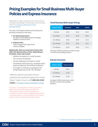 9Export-Import Bank of the United States
EXIM has experienced export finance
professionals located throughout the United
States. To get in touch, call 1-800-565-EXIM
(3946) or request a free consultation today1
Depending on a given exporter’s needs, how costs are
calculated varies greatly. The best way to find out about
costs is to contact an EXIM export finance
specialist directly1
.
The costs of an Export Credit Insurance policy are
primarily comprised of two parts:
1.	 An advanced premium
	 An upfront refundable payment that gets
	 applied to exposure fees
2.	 Exposure fees
	 A percentage of the value of the
	 invoices shipped
Additionally, there are some basic factors that
affect the determination of fees. Depending on
the policy, these may include:
•	 Whether the exporter is a small business
•	 The countries of shipment
•	 Are you shipping to one buyer or many?
•	 The identity of the buyer (e.g., sovereign nation,
financial institution, non-financial institution)
•	 The length of credit terms extended to the
foreign buyer (e.g., 60, 90, 120, 180 days)
PricingExamplesforSmallBusinessMulti-buyer
PoliciesandExpressInsurance
Small Business Multi-buyer Pricing
Express Insurance
(pricing per $100 of contract price, letter of credit,
or invoice value excluding interests )
(pricing per $100 of contract price, letter
of credit, or invoice value excluding
interests )
PAYMENT TERMS
PAYMENT TERMS PRIVATE BUYERS
SOVEREIGN BANK PRIVATE
Disclaimer: This explanation is meant to provide a
general overview of the program at EXIM. The
information provided is not comprehensive or
complete, nor does it reflect all eligibility requirements
or process details. For specific details on the product,
please contact the Export-Import Bank directly.
1. grow.exim.gov/contact-a-trade-finance-specialist
1-60 days
1-60 days
$0.16
$0.65
$0.20 $0.55
61-120 days
61-120 days
$0.27
$1.06
$0.33 $0.90
121-180 days
121-180 days
$0.35
$1.35
$0.43 $1.15
181-270 days $0.43 $0.54 $1.45
271-360 days $0.53 $0.65 $1.77
 