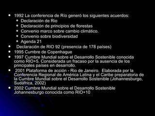 1992 La conferencia de Río generó los siguientes acuerdos: Declaración de Rio Declaración de principios de florestas Convenio marco sobre cambio climático. Convenio sobre biodiversidad Agenda 21     Declaración de RIO 92 (presencia de 178 países)     1995  Cumbre de Copenhague   1997 Cumbre Mundial sobre el Desarrollo Sostenible conocida como RIO+5. Considerada un fracaso por la ausencia de los principales países en desarrollo.   2001 Plataforma de acción -  Rio de Janeiro.  E laborada por la  Conferencia Regional de América Latina y el Caribe preparatoria de la Cumbre Mundial sobre el Desarrollo Sostenible (Johannesburgo, Sudáfrica, 2002)    2002  Cumbre Mundial sobre el Desarrollo Sostenible Johannesburgo conocida como RIO+10 