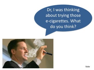 Dr, I was thinking
about trying those
e-cigarettes. What
do you think?
Vote
 