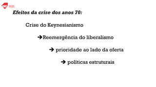 Crise do Keynesianismo
➔Reemergência do liberalismo
➔ prioridade ao lado da oferta
➔ políticas estruturais
Efeitos da crise dos anos 70:
 