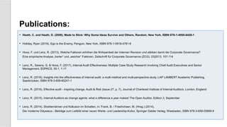 Publications:
• Heath, C. and Heath, D. (2008), Made to Stick: Why Some Ideas Survive and Others, Random, New York, ISBN 978-1-4000-6428-1
• Holiday, Ryan (2016), Ego is the Enemy, Penguin, New York, ISBN 978-1-5918-4781-6
• Hoos, F. und Lenz, R. (2013), Welche Faktoren erhöhen die Wirksamkeit der Internen Revision und stärken damit die Corporate Governance?
Eine empirische Analyse „harter“ und „weicher“ Faktoren, Zeitschrift für Corporate Governance (ZCG), 03|2013, 107-114
• Lenz, R., Sarens, G. & Hoos, F. (2017), Internal Audit Effectiveness: Multiple Case Study Research Involving Chief Audit Executives and Senior
Management, EDPACS, 55:1, 1-17
• Lenz, R. (2016), Insights into the effectiveness of internal audit: a multi-method and multi-perspective study, LAP LAMBERT Academic Publishing,
Saarbrücken, ISBN 978-3-659-85241-1
• Lenz, R. (2016), Effective audit - inspiring change, Audit & Risk (Issue 27, p. 7), Journal of Chartered Institute of Internal Auditors, London, England
• Lenz, R. (2015), Internal Auditors as change agents: what a difference a year makes! The Open Auditor, Edition 3, September
• Lenz, R. (2014), Strahlemänner und Kollusion im Schatten, in: Frank, B. / Friedrichsen, M. (Hrsg.) (2014),
Der moderne Odysseus - Beiträge zum Leitbild einer neuen Werte- und Leadership-Kultur, Springer Gabler Verlag, Wiesbaden, ISBN 978-3-658-05899-9
 