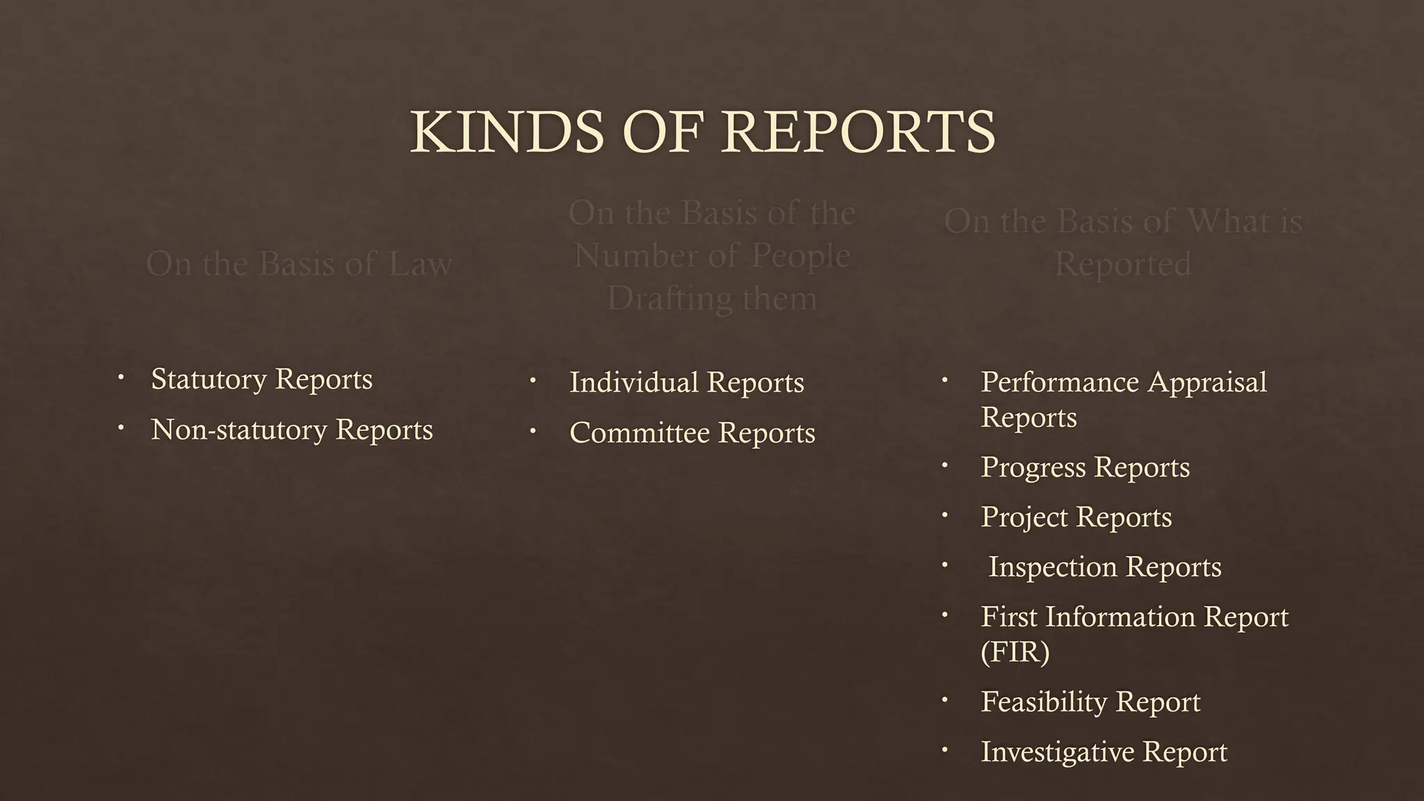 KINDS OF REPORTS
On the Basis of Law
• Statutory Reports
• Non-statutory Reports
On the Basis of the
Number of People
Drafting them
• Individual Reports
• Committee Reports
On the Basis of What is
Reported
• Performance Appraisal
Reports
• Progress Reports
• Project Reports
• Inspection Reports
• First Information Report
(FIR)
• Feasibility Report
• Investigative Report
 