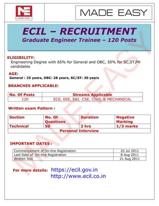 MADE EASY

        ECIL – RECRUITMENT
        Graduate Engineer Trainee – 120 Posts




                                                      SY
ELIGIBILITY:
  Engineering Degree with 65% for General and OBC, 55% for SC,ST,PH
 candidates
AGE:




                                      EA
 General : 25 years, OBC: 28 years, SC/ST: 30 years

BRANCHES APPLICABLE:

 No. Of Posts                      Streams Applicable
       120               ECE, EEE, E&I, CSE, CIVIL & MECHANICAL

Written exam Pattern :
                          E
 Section             No. Of           Duration         Negative
                     Questions                         Marking
 Technical           50               2 hrs            1/3 marks
 AD

                            Personal Interview


 IMPORTANT DATES :
   Commencement of On-line Registration                  25 Jul 2011
   Last Date of On-line Registration                      8 Aug 2011
   Written Test                                          21 Aug 2011
M



  For more details:     https://ecil.gov.in
                        http://www.ecil.co.in
 