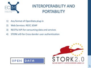 INTEROPERABILITY AND
PORTABILITY
17
1) Any format of OpenData plug-in
2) Web Services: REST, SOAP
3) RESTful API for consuming data and services
4) STORK eID for Cross-border user authentication
 