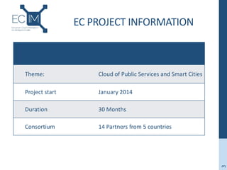 EC PROJECT INFORMATION
Theme: Cloud of Public Services and Smart Cities
Project start January 2014
Duration 30 Months
Consortium 14 Partners from 5 countries
3
 