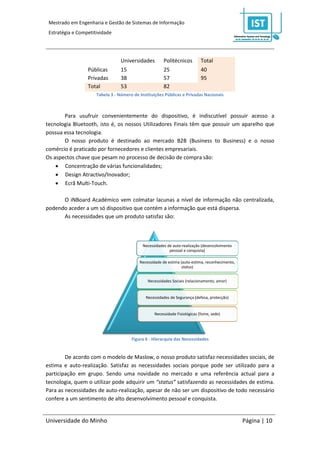 Mestrado em Engenharia e Gestão de Sistemas de Informação
 Estratégia e Competitividade




                                  Universidades        Politécnicos         Total
                  Públicas        15                   25                   40
                  Privadas        38                   57                   95
                  Total           53                   82
                      Tabela 3 - Número de Instituições Públicas e Privadas Nacionais



       Para usufruir convenientemente do dispositivo, é indiscutível possuir acesso a
tecnologia Bluetooth, isto é, os nossos Utilizadores Finais têm que possuir um aparelho que
possua essa tecnologia.
       O nosso produto é destinado ao mercado B2B (Business to Business) e o nosso
comércio é praticado por fornecedores e clientes empresariais.
Os aspectos chave que pesam no processo de decisão de compra são:
     Concentração de várias funcionalidades;
     Design Atractivo/Inovador;
     Ecrã Multi-Touch.

      O iNBoard Académico vem colmatar lacunas a nível de informação não centralizada,
podendo aceder a um só dispositivo que contém a informação que está dispersa.
      As necessidades que um produto satisfaz são:



                                            Necessidades de auto-realização (desencolvimento
                                                          pessoal e conquista)

                                           Necessidade de estima (auto-estima, reconhecimento,
                                                                  status)


                                               Necessidades Sociais (relacionamento, amor)


                                              Necessidades de Segurança (defesa, protecção)


                                                  Necessidade Fisiológicas (fome, sede)




                                       Figura 6 - Hierarquia das Necessidades


        De acordo com o modelo de Maslow, o nosso produto satisfaz necessidades sociais, de
estima e auto-realização. Satisfaz as necessidades sociais porque pode ser utilizado para a
participação em grupo. Sendo uma novidade no mercado e uma referência actual para a
tecnologia, quem o utilizar pode adquirir um “status” satisfazendo as necessidades de estima.
Para as necessidades de auto-realização, apesar de não ser um dispositivo de todo necessário
confere a um sentimento de alto desenvolvimento pessoal e conquista.


Universidade do Minho                                                                            Página | 10
 