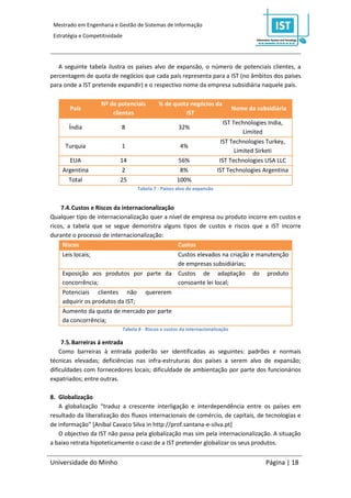 Mestrado em Engenharia e Gestão de Sistemas de Informação
 Estratégia e Competitividade




   A seguinte tabela ilustra os países alvo de expansão, o número de potenciais clientes, a
percentagem de quota de negócios que cada país representa para a IST (no âmbitos dos países
para onde a IST pretende expandir) e o respectivo nome da empresa subsidiária naquele país.

                    Nº de potenciais            % de quota negócios da
       País                                                                         Nome da subsidiária
                        clientes                         IST
                                                                               IST Technologies India,
       Índia                8                            32%
                                                                                       Limited
                                                                              IST Technologies Turkey,
     Turquia                1                             4%
                                                                                    Limited Sirketi
      EUA                   14                           56%                 IST Technologies USA LLC
    Argentina                2                            8%                IST Technologies Argentina
      Total                 25                           100%
                                       Tabela 7 - Países alvo de expansão


    7.4. Custos e Riscos da internacionalização
Qualquer tipo de internacionalização quer a nível de empresa ou produto incorre em custos e
ricos, a tabela que se segue demonstra alguns tipos de custos e riscos que a IST incorre
durante o processo de internacionalização:
     Riscos                                     Custos
     Leis locais;                               Custos elevados na criação e manutenção
                                                de empresas subsidiárias;
     Exposição aos produtos por parte da Custos de adaptação do produto
     concorrência;                              consoante lei local;
     Potenciais clientes não quererem
     adquirir os produtos da IST;
     Aumento da quota de mercado por parte
     da concorrência;
                                Tabela 8 - Riscos e custos da internacionalização

     7.5. Barreiras á entrada
    Como barreiras à entrada poderão ser identificadas as seguintes: padrões e normais
técnicas elevadas; deficiências nas infra-estruturas dos países a serem alvo de expansão;
dificuldades com fornecedores locais; dificuldade de ambientação por parte dos funcionários
expatriados; entre outras.

8. Globalização
   A globalização “traduz a crescente interligação e interdependência entre os países em
resultado da liberalização dos fluxos internacionais de comércio, de capitais, de tecnologias e
de informação” [Aníbal Cavaco Silva in http://prof.santana-e-silva.pt]
   O objectivo da IST não passa pela globalização mas sim pela internacionalização. A situação
a baixo retrata hipoteticamente o caso de a IST pretender globalizar os seus produtos.


Universidade do Minho                                                                          Página | 18
 