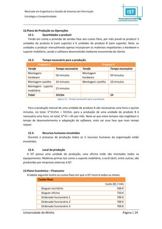 Mestrado em Engenharia e Gestão de Sistemas de Informação
 Estratégia e Competitividade




12.Plano de Produção ou Operações
    12.1.      Quantidades a produzir
    Tendo em conta a previsão de vendas face aos custos fixos, por mês prevê-se produzir 5
unidades do produto A (com suporte) e 6 unidades do produto B (sem suporte). Nota: as
unidades a produzir mensalmente apenas incorporam os materiais respeitantes a hardware e
suporte mobiliário, sendo o software desenvolvido mediante encomenda do cliente.

    12.2.      Tempo necessário para a produção
            Produto A                                      Produto B
    Tarefa              Tempo necessário Tarefa                  Tempo necessário
    Montagem                                 Montagem
                        50 minutos                               50 minutos
    hardware                                 hardware
    Montagem caixilho 10 minutos             Montagem caixilho 10 minutos
    Montagem suporte
                        15 minutos
    mobiliário
    Total:              1h15m                                    1h
                                Figura 21 - Tempo necessário para a produção


   Para a produção mensal de uma unidade de produto A são necessárias uma hora e quinze
minutos, no total, 5*1h15m = 5h15m; para a produção de uma unidade do produto B é
necessária uma hora, no total, 6*1h = 6h por mês. Note-se que estes tempos não englobam o
tempo de desenvolvimento e adaptação do software, visto ser essa fase que mais tempo
requer.

   12.3.     Recursos humanos envolvidos
   Durante o processo de produção todos os 5 recursos humanos da organização estão
envolvidos.

    12.4.      Local da produção
   A IST possui uma unidade de produção, uma oficina onde são montados todos os
equipamentos. Matérias-primas tais como o suporte mobiliário, o ecrã táctil, entre outras, são
produzidas por empresas externas à IST.

13.Plano Económico – Financeiro
   A tabela seguinte ilustra os custos fixos em que a IST incorre todos os meses.
            Custos fixos
                                                                     Custo [€] / mês
               Aluguer escritório                                              500 €
               Aluguer oficina                                                 750 €
               Ordenado funcionário 1                                          700 €
               Ordenado funcionário 2                                          700 €
               Ordenado funcionário 3                                          700 €

Universidade do Minho                                                              Página | 29
 
