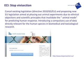 ECI: Stop vivisection
Cancel existing legislation (directive 2010/63/EU) and proposing new
EU legislation aimed at phasing...