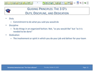 GUIDING PRINCIPLES: THE 3 D’S
DUTY, DISCIPLINE, AND DEDICATION
• Duty
– Commitment to do what you said you would do
• Discipline
– To do things in an organized fashion. Not, “as you would like” but “as it is
needed to be done”
• Dedication
– The involvement or spirit in which you do your job and deliver for your team
Thursday, October 22, 2015ENTERPRISE INFRASTRUCTURE "THE YEAR IN REVIEW" Page: 11
 