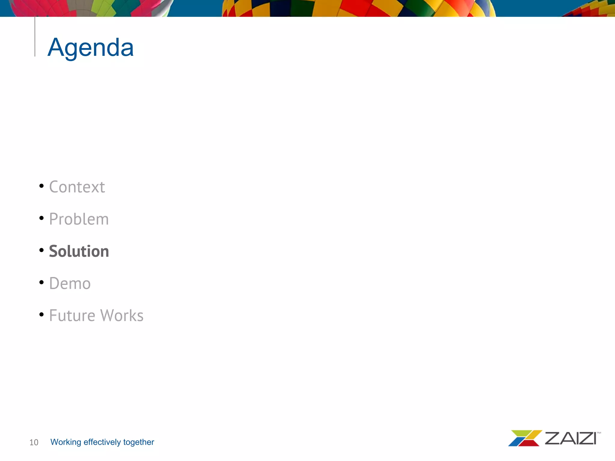Working effectively together
Agenda
10
• Context
• Problem
• Solution
• Demo
• Future Works
 