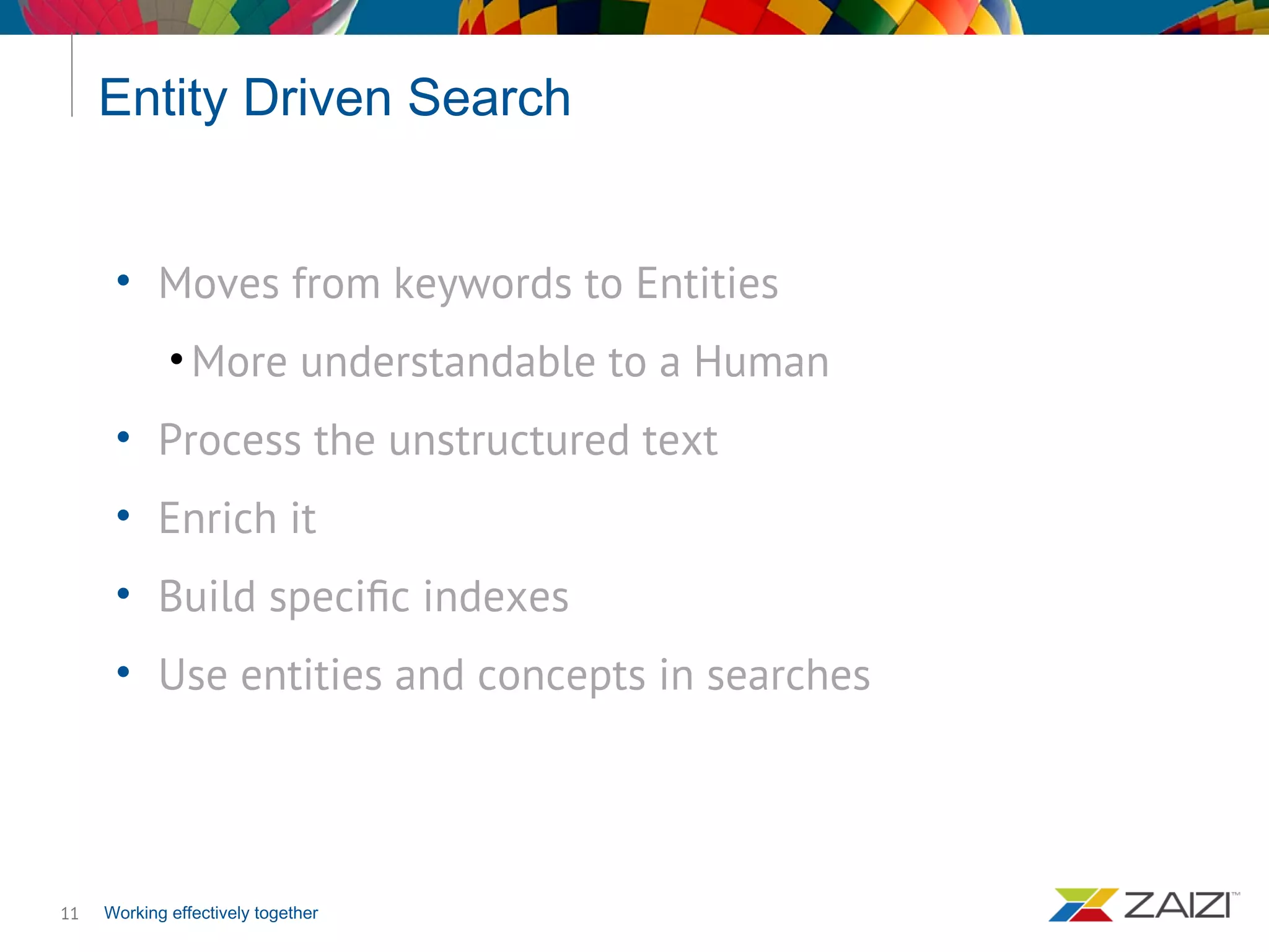 Working effectively together
Entity Driven Search
11
• Moves from keywords to Entities
•More understandable to a Human
• Process the unstructured text
• Enrich it
• Build specific indexes
• Use entities and concepts in searches
 