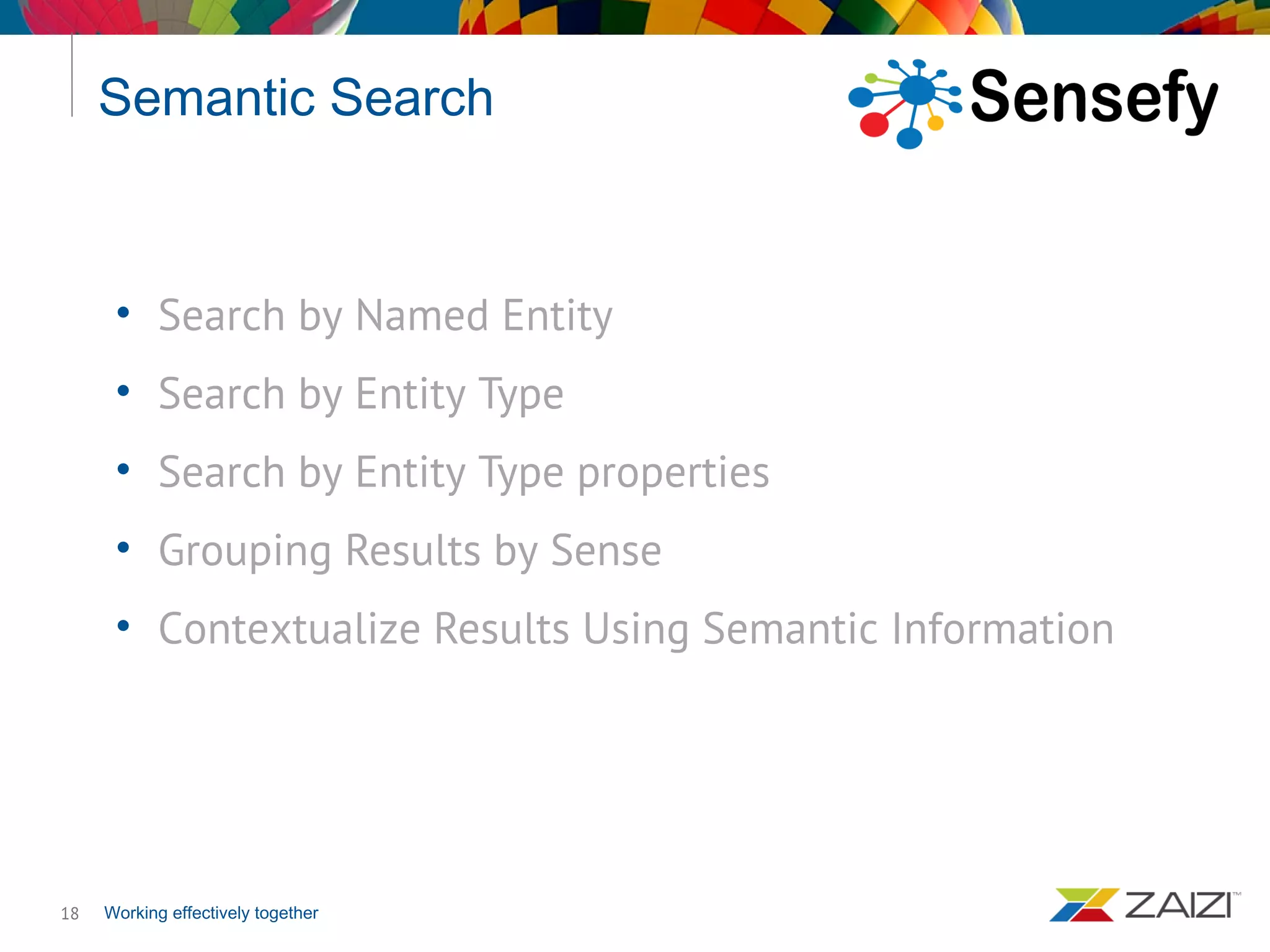 Working effectively together
Semantic Search
18
• Search by Named Entity
• Search by Entity Type
• Search by Entity Type properties
• Grouping Results by Sense
• Contextualize Results Using Semantic Information
 