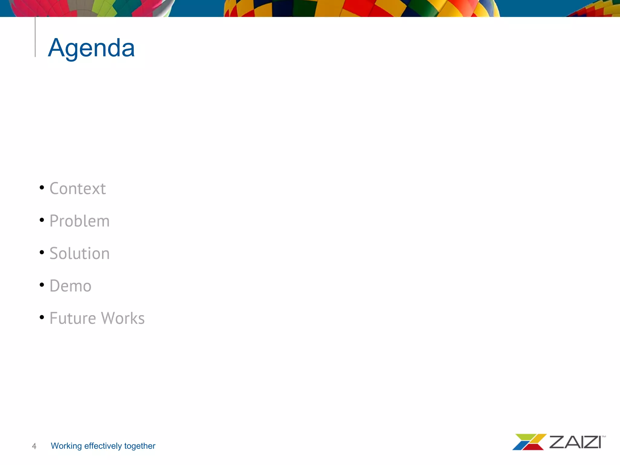 Working effectively together
Agenda
4
• Context
• Problem
• Solution
• Demo
• Future Works
 