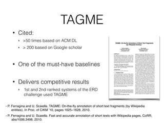 TAGME
• Cited:
‣ >50 times based on ACM DL
‣ > 200 based on Google scholar
• One of the must-have baselines
• Delivers competitive results
‣ 1st and 2nd ranked systems of the ERD
challenge used TAGME
- P. Ferragina and U. Scaiella. TAGME: On-the-ﬂy annotation of short text fragments (by Wikipedia
entities). In Proc. of CIKM ’10, pages 1625–1628, 2010.
- P. Ferragina and U. Scaiella. Fast and accurate annotation of short texts with Wikipedia pages. CoRR,
abs/1006.3498, 2010.
 
