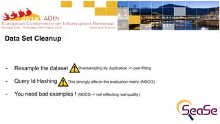 Data Set Cleanup
 
- Resample the dataset
- Query Id Hashing
- You need bad examples ! (NDCG -> not reflecting real quality)
Oversampling by duplication -> over-fitting
This strongly affects the evaluation metric (NDCG)
 