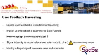 User Feedback Harvesting
- Explicit user feedback ( Experts/Crowdsourcing) 
- Implicit user feedback ( eCommerce Sale Funnel) 
 
How to assign the relevance label ? 
- Signal intensity to model relevance ( sale > add to chart) 
- Identify a target signal, calculate rates and normalise
Discordant training samples
 