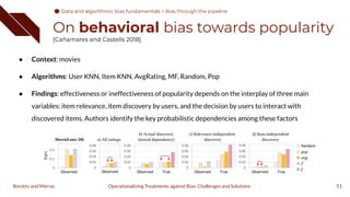 On behavioral bias towards popularity
[Cañamares and Castells 2018]
● Context: movies
● Algorithms: User KNN, Item KNN, AvgRating, MF, Random, Pop
● Findings: effectiveness or ineffectiveness of popularity depends on the interplay of three main
variables: item relevance, item discovery by users, and the decision by users to interact with
discovered items. Authors identify the key probabilistic dependencies among these factors
51
Operationalizing Treatments against Bias: Challenges and Solutions
Boratto and Marras
Data and algorithmic bias fundamentals
Data and algorithmic bias fundamentals > Bias through the pipeline
 