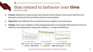 Bias related to behavior over time
[Anelli et al. 2019]
54
Operationalizing Treatments against Bias: Challenges and Solutions
Boratto and Marras
● Context: Popularity is a local concept and a function of time. Popular and recently rated items are
deemed as relevant for the user. Movie and toy recommendation.
● Algorithms: User KNN with the concept of precursor neighbors and a time decay
● Findings: Time-aware neighbors and local popularity lead to a comparable effectiveness (in terms of
NDCG w/ time-independent rating order condition) + an improved efﬁciency
Data and algorithmic bias fundamentals
Data and algorithmic bias fundamentals > Bias through the pipeline
 