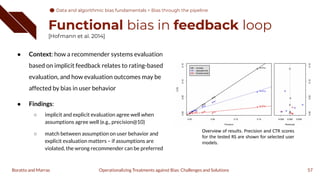 Functional bias in feedback loop
[Hofmann et al. 2014]
● Context: how a recommender systems evaluation
based on implicit feedback relates to rating-based
evaluation, and how evaluation outcomes may be
affected by bias in user behavior
● Findings:
○ implicit and explicit evaluation agree well when
assumptions agree well (e.g., precision@10)
○ match between assumption on user behavior and
explicit evaluation matters – if assumptions are
violated, the wrong recommender can be preferred
57
Operationalizing Treatments against Bias: Challenges and Solutions
Boratto and Marras
Data and algorithmic bias fundamentals
Data and algorithmic bias fundamentals > Bias through the pipeline
 