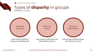 Types of disparity in groups
[Mehrabi et al. 2019]
94
Operationalizing Treatments against Bias: Challenges and Solutions
Boratto and Marras
Disparate
Treatment
when members of different
groups are treated differently
Disparate
Impact
when members of different groups
obtain different outcomes
Disparate
Mistreatment
when members of different groups
have different error rates
Unfairness mitigation design
 