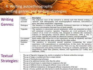 Writing
Genres:
Textual
Strategies:
European Conference on Information
Systems TEL AVIV 2014
4. Writing autoethnography:
writing genres and textual strategies
 