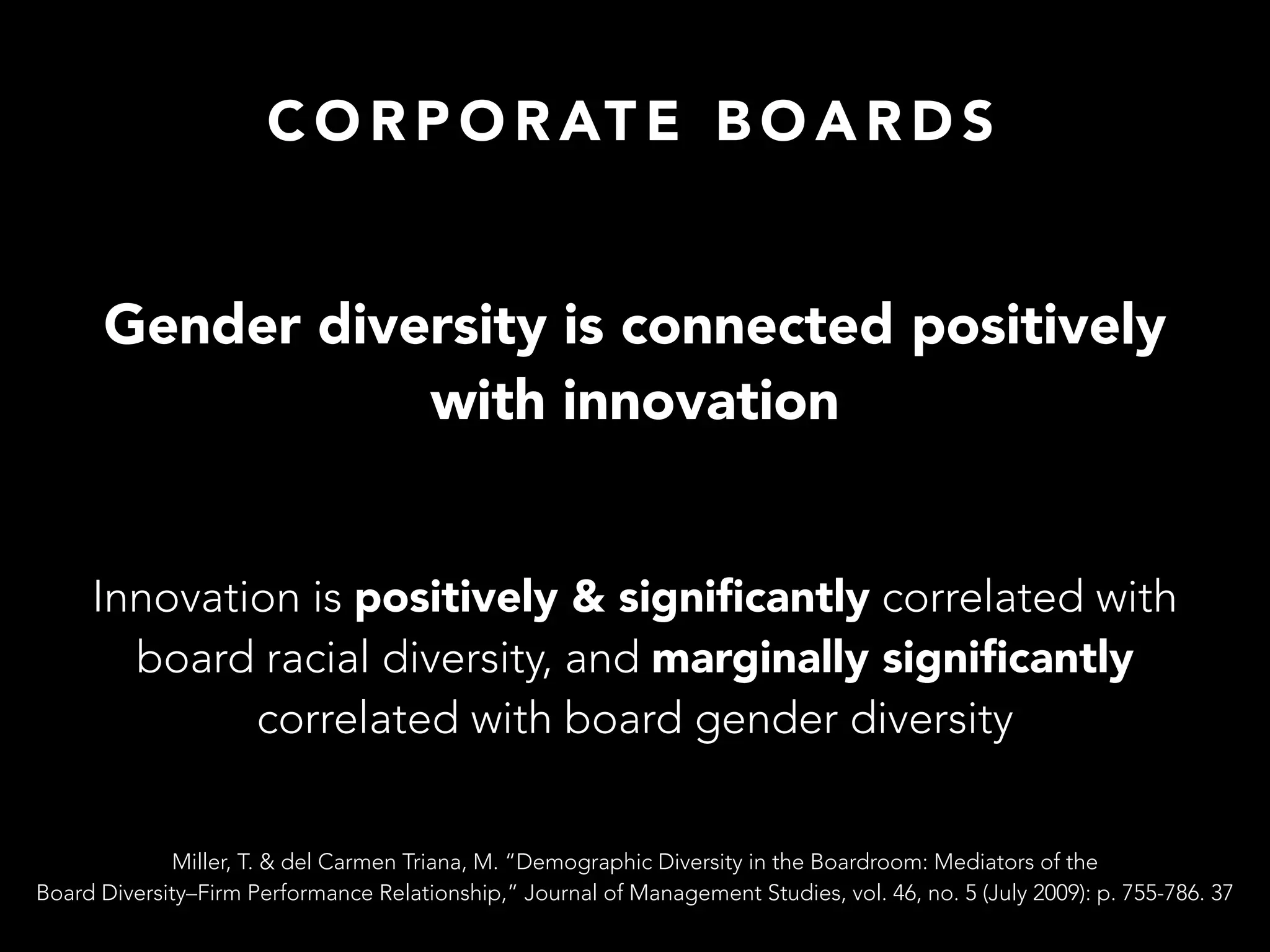 C O R P O R AT E B O A R D S
Gender diversity is connected positively
with innovation
Innovation is positively & signiﬁcantly correlated with
board racial diversity, and marginally signiﬁcantly
correlated with board gender diversity
Miller, T. & del Carmen Triana, M. “Demographic Diversity in the Boardroom: Mediators of the
Board Diversity–Firm Performance Relationship,” Journal of Management Studies, vol. 46, no. 5 (July 2009): p. 755-786. 37
 