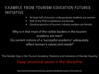 EX A M P L E F RO M TO U RI S M E D U CAT IO N F U TU RES
I N IT IAT I V E
• At least half of tourism undergraduate students are women
• Half of the PhD completions are female
• Good proportion of tourism industry workers are female
Why is it that most of the visible leaders in the tourism
academy are men?
Do current notions of a 'successful academic' adequately
reflect women's values and needs?
http://www.tourismeducationfutures.org/about-tefi/gender-equity-in-the-tourism-ac
Deep structural issues in the discipline
The Gender Gap in the Tourism Academy: Statistics and Indicators of Gender Equality
 